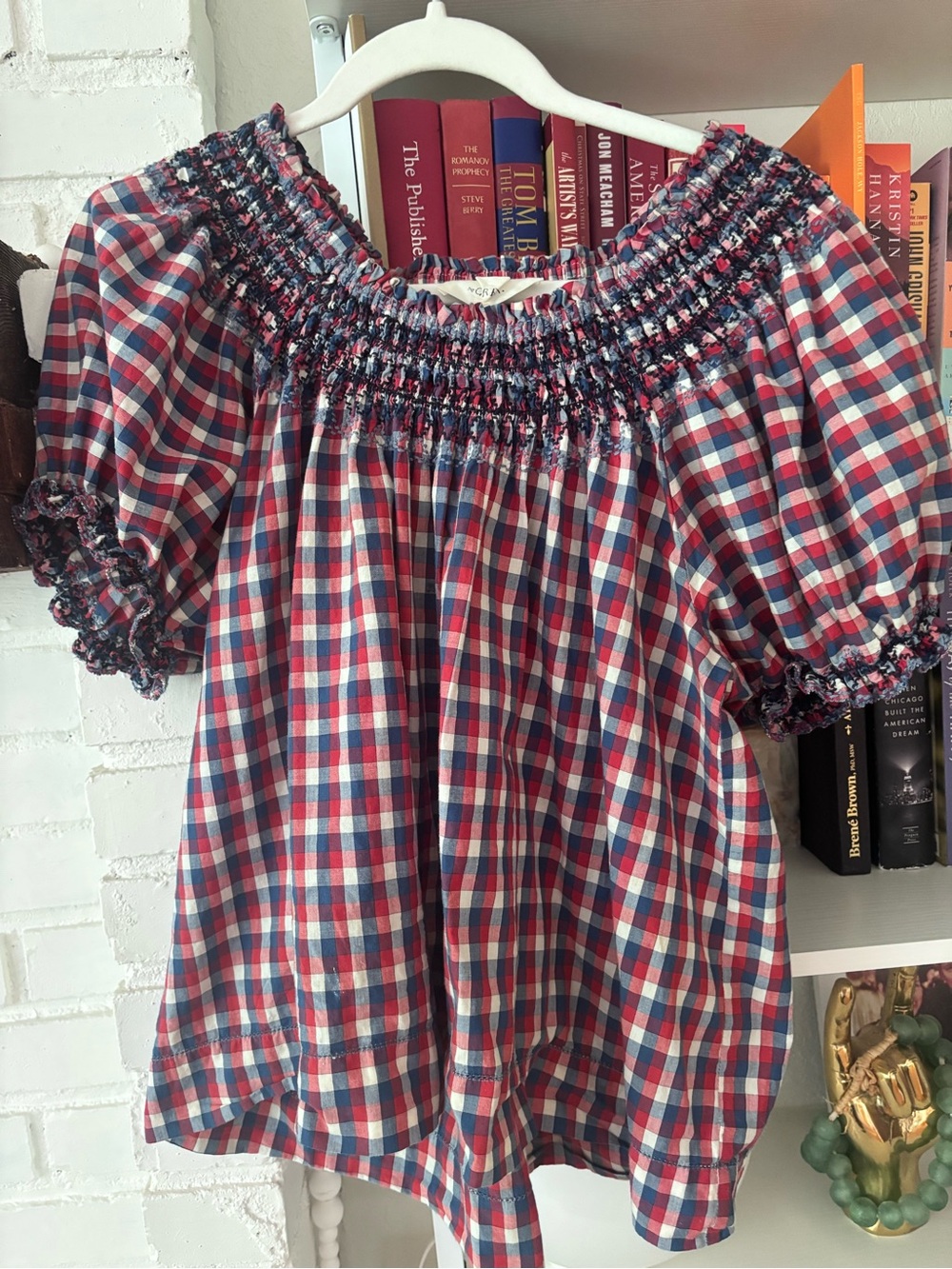 THE GREAT. Smocked Neck Plaid Blouse in Red, Blue, White